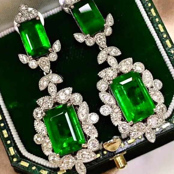 Princess Cut Emerald Drop Stud Earrings Surrounded with White  Baguette Diamonds - Picture 4 of 5